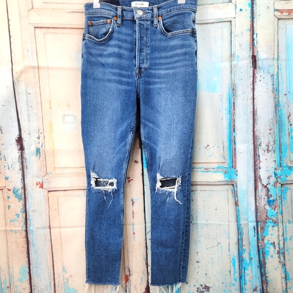 REDONE 90's High Rise Ankle Cropped Jeans in Dusk Destroy - Picture 2 of 9